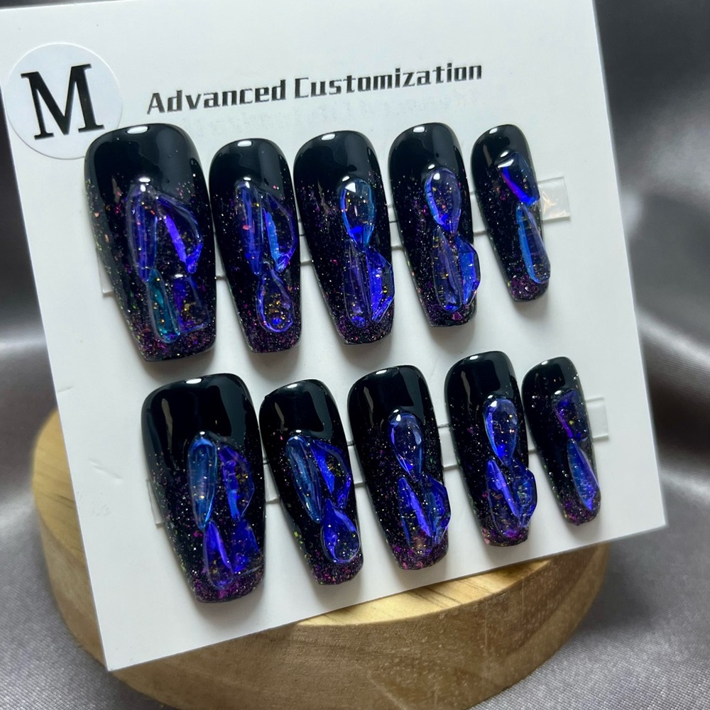Custom Black & Blue Gem 3D Press-On Nails Glitter handmade reusable medium NWT